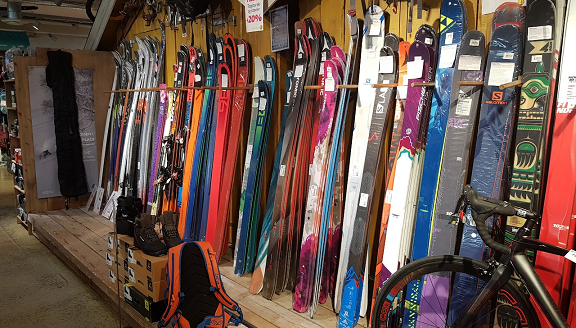 Row of Snow Skiis in a ski shop