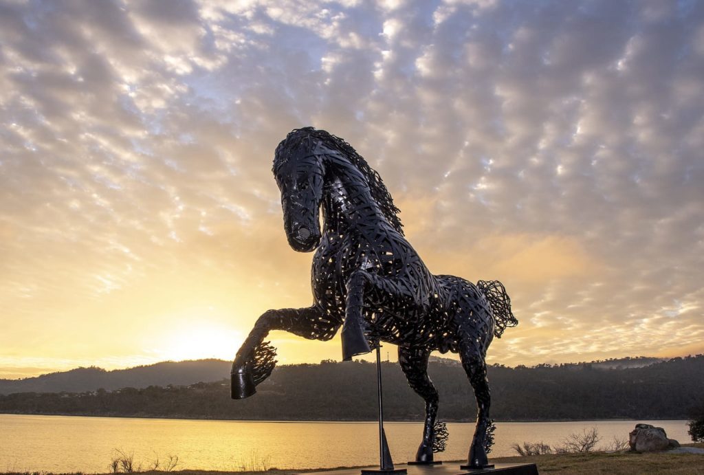 jindabyne lake light sculpture of horse